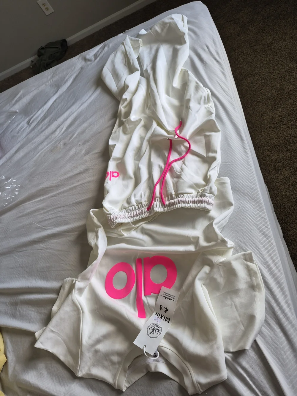 ALO Yoga White Shorts with Neon Pink Logo